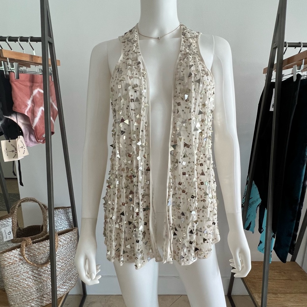 French Connection sequin vest, white/silver, size 10
